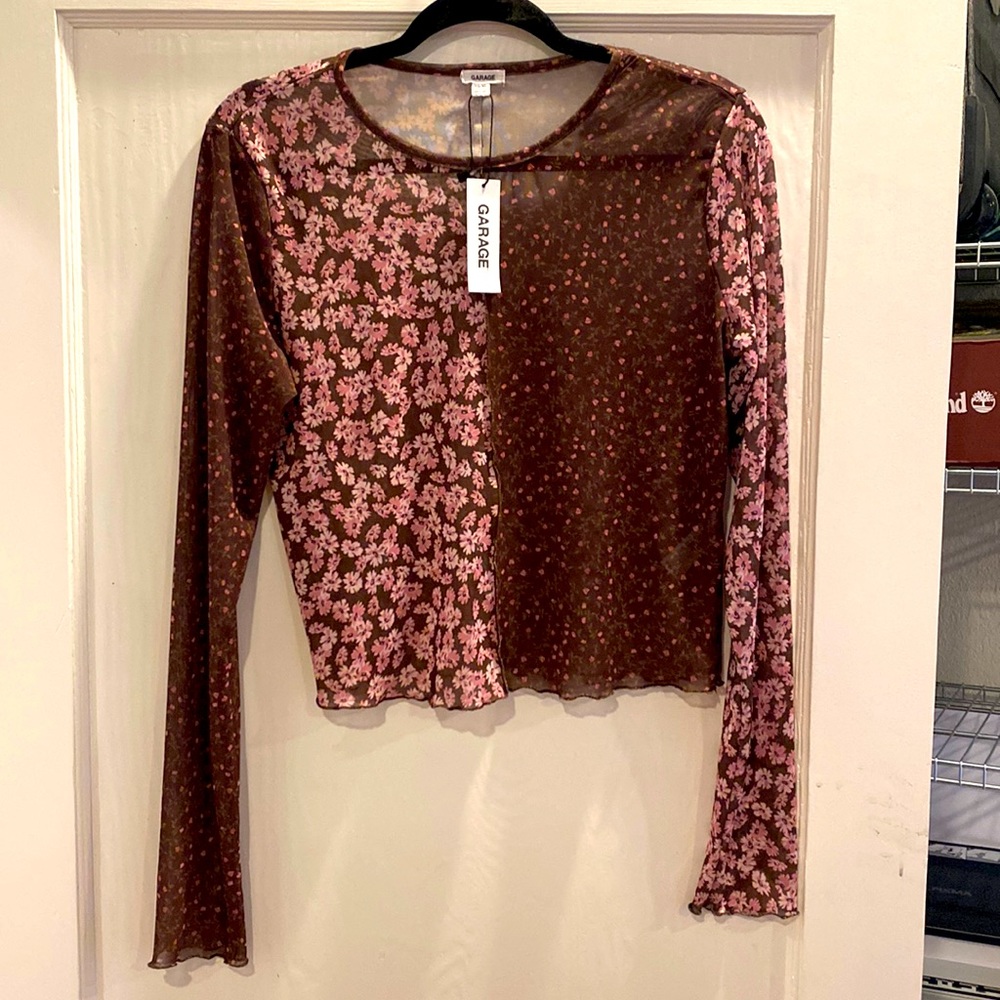XL long sleeve floral sheer mesh shirt